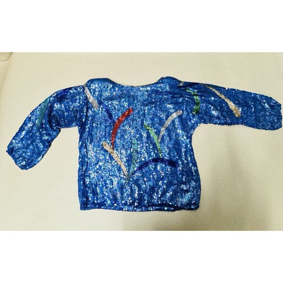 VTG JUDITH ANN Creations Blue Multicolor Sequin Beaded Silk Jacket L Glam Evenin - Picture 2 of 10